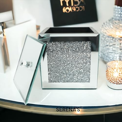 SERENA'S ® Silver Crushed Diamante Mirrored Glass Jewellery Box Makeup Organiser Storage Cosmetic Storage Box, Organizer Skin Care Products, Cosmetic Storage Box Gift for Birthday (Trinket Box)