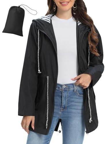 Vijamiy Vêtements Imperméables Femme Léger Veste de Pluie Long Manteaux Imperméables avec Capuche D'extérieur Coupe Vent Grande Taille Impermeable Veste(Noir,M)