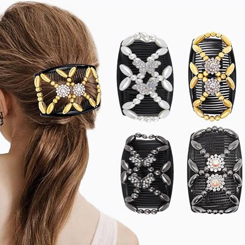 4 Stück Haarspangen Damen, Elastisch Perlen Haarklammer Haarschmuck Haarklammern Haarspange Damen, Doppelt Haarkamm zum Stecken Hair Clip Hairpin für Damen Mädchen Dick oder Fein Haar