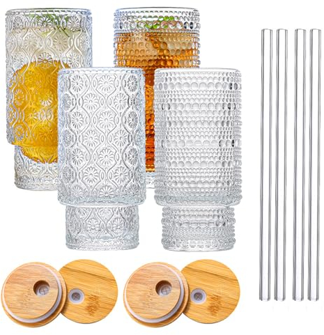 Glass Tumbler with Bamboo Lid and Straw, 320ml/11oz Reusable Bubble Tea Cup, Iced Coffee Glasse Cup with Cleaning Brush for Juice,Cocktail,Milk,Tea (Carving 4pcs)