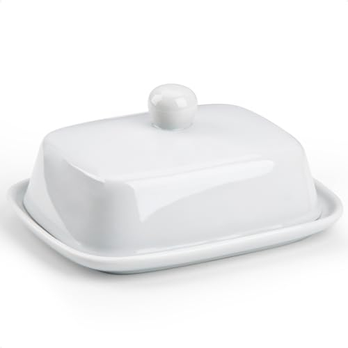 HONZUEN Butter Dish with Lid and Handle, Small Ceramic Butter Container for Countertop, Porcelain Butter Storage Holder Kitchen Farmhouse, Pottery European Butter Box Tray - White