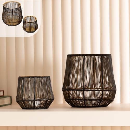 Gadgy Kerzenständer Schwarz Gold - 2er Set Windlicht groß für Kerzen - Kerzenhalter schwarz - Laterne Wohnzimmer Deko - Metall Kerzen Deko - Windlicht schwarz - Laterne schwarz -10x9 cm & 16x15,5 cm
