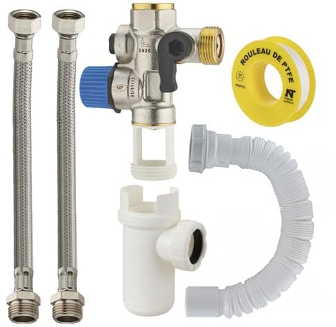 Kit raccordement Groupe de sécurité droit norme NF 20x27 (3/4) siège inox anti corrosion + siphon + flexibles d'alimentation + flexible évacuation + teflon chauffe eau/cumulus NOYON & THIEBAULT