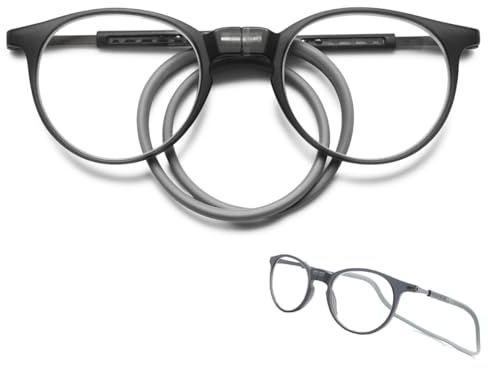 KOOSUFA Runde Magnetische Lesebrille mit Magnetverschluss Clip Herren Damen Leicht TR90 Faltbare Lesehilfe Arbeitsplatzbrille mit Einziehbare Brillenbügel, zum Aufhängen am Hals Grau 2.25