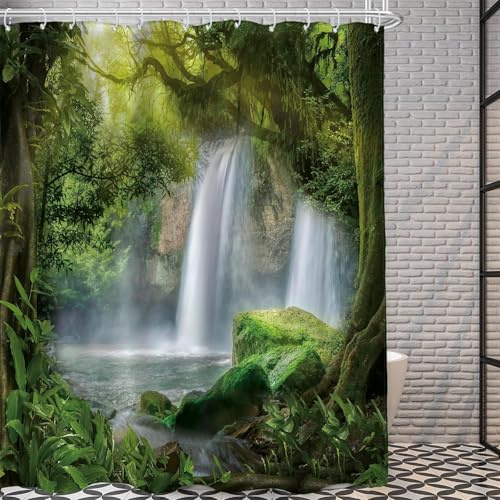 FAIRYGATE Garden Shower Curtain Waterfall Image of Waterfall with Trees and Flowers in Forest Landscape Scenery Bathroom Decoration Curtains with Hook 71X 71 inches White Green B8526