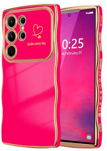 LCHULLE Compatibile con Samsung Galaxy S23 Ultra 5G Cover cuore d'amore Custodia con forma ondulata ragazze Protezione fotocamera Cover galvanizzata Custodia per Samsung S23 Ultra 5G Rosa rossa