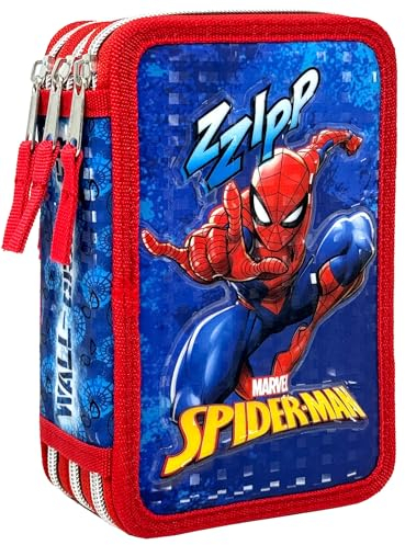 Clondo Astuccio 3 Scomparti 3D Bambini, Per Spiderman Fan, Triplo Riempito, 44 Accessori Scuola Elementare Bambino, 3 Zip, 20 Centimetri