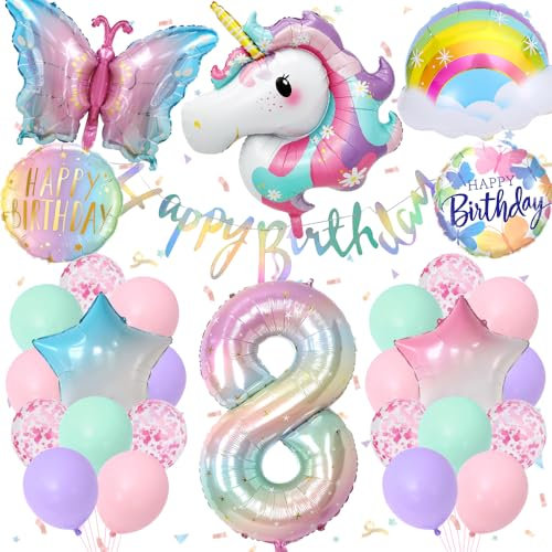 YYDSXK Geburtstagsdeko Mädchen 8 Jahre, Einhorn Deko Kindergeburtstag mit Happy Birthday Banner, Pastell Luftballons, Groß Folie 8 Number, Geburtstagsdeko Schmetterling Einhorn für 8 Jahre Mädchen