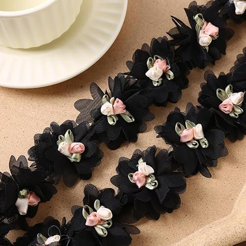 YYCRAFT Chiffon-Blumenband mit Rose, 5,1 cm, für Applikationen, Nähen, Basteln, Hochzeit, Brautkleid, DIY-Dekoration (2 m, schwarz)