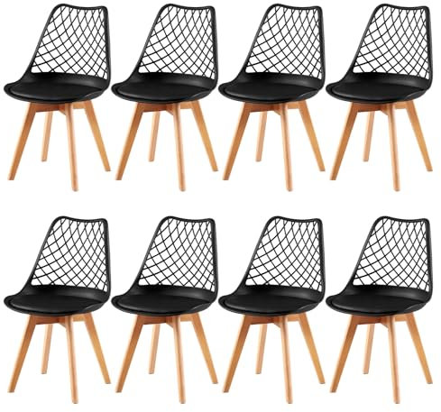 EGGREE 8er-Set Skandinavische AusgehöHlte Esszimmerstühle SGS GeprüFt, Set of 8 Gepolsterte HerausgehöHlt KüChenstüHle Retro BüRostüHle, Beine Aus Massiver Buche - Schwarz