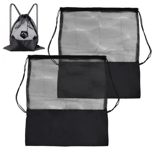 Granvoo 2 Stück Sporttasche mit Kordelzug, Mesh Strandtasche Netzbeutel, Turnbeutel Kordelzug Schwarz, Fußball Rucksack Turnbeutel für Basketball Volleyball Tennis