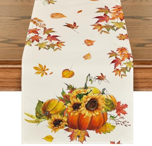 Herbstdeko Tischläufer Kürbis, Herbst Deko Kürbis Ahornblätter Tischläufer, 33*183cm Tischläufer Herbst Kürbis, Leinen Herbst Kürbis Ahornblätter Tischläufer für Herbst Tisch, Party Deko (I)