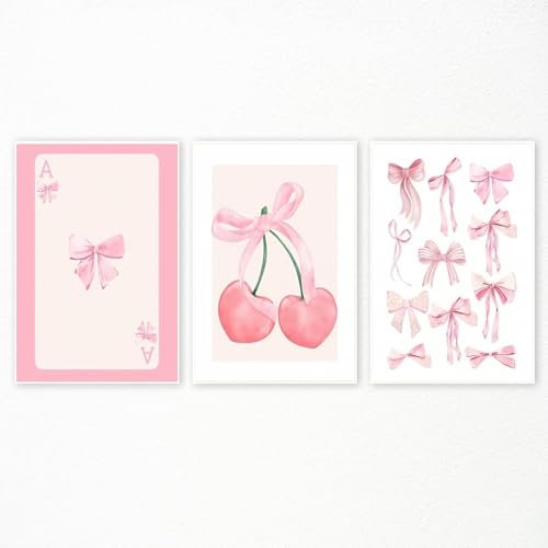 Linilioart Trendige rosa Schleifen, Kirsch-Poster, niedliche Poster, ästhetische Schleifen, Wandkunst, Set mit 3 Stück, für Schlafzimmer, Badezimmer, Büro, ungerahmt (20 x 25 cm)
