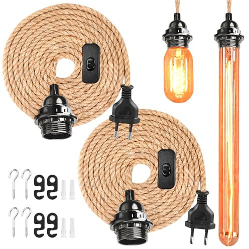 2 Stück 4,5M Pendelleuchte Kit mit Schalter Vintage Lampenkabel, E27 gedrehten Hanfsei Mit Ohne Glühbirne Textilkabel Lampenfassung mit kabel DIY Leuchten Hängelampe für Farmhouse Home