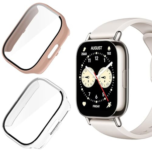 KUSINHOKA Cover per Xiaomi Redmi Watch 5 Lite, [2 Pezzi] Custodia Protezione con Vetro Temperato, Schermo Protettiva Ultra Sottile HD Clear PC Rigida Cover per Redmi Watch 5 Lite, Rosa + Trasparente