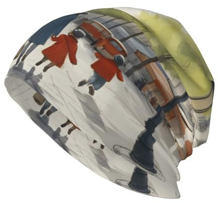 YYHWHJDE Modische Strickmütze für Erwachsene, lässige Mütze für den Alltag, Outdoor-Aktivitäten und Reisen, Paris, Straßenszene, Eiffelturm, Bild schwarz, Schwarz , Einheitsgröße