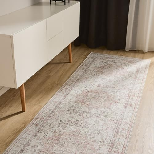 benuta Basic Waschbarer Teppich George - Rosa/Beige 80x240 cm - Kunstfaser - Läufer & im Style: Vintage, Elegant, Retro - Pflegeleicht für Wohnzimmer Schlafzimmer Flur