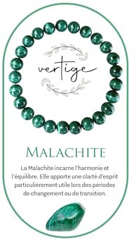 VERTIGE Bracelet de lithothérapie MALACHITE, Pierres 8mm Minérales, Source de bien être Psychique et Physique, Apporte la sérénité d’esprit, la bienveillance, la joie de vivre, Bracelet Femme/Homme