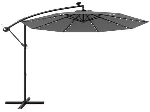 RELAX4LIFE Ombrellone da Giardino 300 cm, Ombrellone Parasole con Luci LED, Inclinazione Regolabile, Pannello Solare, Ombrellone da Esterno per Patio, Cortile, Ristorante o Bar (Grigio)