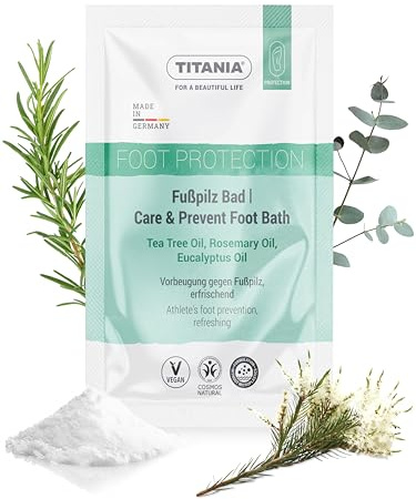 TITANIA Fußbadesalz mit Teebaumöl für hygienische Fußpflege 40 g | Belebendes Fußbad mit Teebaumöl, Rosmarin & Eukalyptus, vegan, ohne Mikroplastik, Made in Germany
