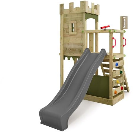 FATMOOSE Spielturm Ritterburg BoldBaron Boost XXL mit anthraziter Rutsche, Outdoor Kinder Kletterturm mit Sandkasten Leiter & Spiel-Zubehör für den Garten