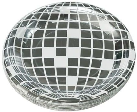 Sanerfa 25Pcs Single Uses Silver Discos Ball Paper Plates Dessert Dinner Dish for Discos Themed Party and Birthday