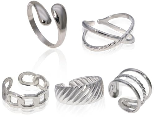 AFCJLTO5 Stück Ringe Silber für Damen Edelstahl Knöchelringe Stapelbare Offene Daumenringe Set für Frauen Trendige Stapelringe Set Minimalistische Fingerringe