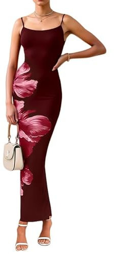 Sukiglam Robe Longue Femme Sexy sans Manches Imprimée Fleurs Robes Moulante Bretelles Spaghetti Col Carré Maxi Robe de Soiree d'Été Elégant Casual Bodycon Robes Dos Nu pour Cocktail Clubbing Fête