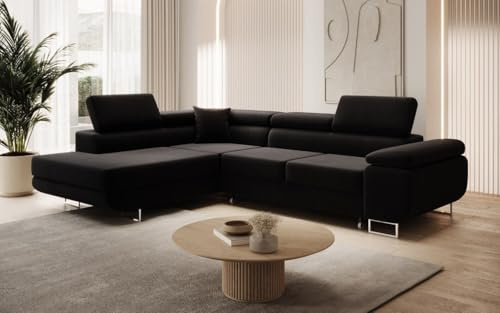 Luxusbetten24 Designer Sofa Aston mit Stauraum und Schlaffunktion | Bezug: Samt | Farbe: Schwarz | Stellvariante: Links