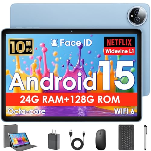 10 Inch Android 15 Tablet, 10 inch Tablets with Keyboard, 24GB+128GB, 1TB Expand, Octa-Core, 2.4G/5G WiFi, 8000mAh, BT5.4, GPS, Widevine L1, IPS Touch Screen, 2 in 1 with Case, Mouse, Stylus, Blue