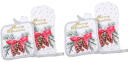 Alipis 2sets Creative Kitchen Oven Mitt Xmas Print Design Heat Resisting Glove for Baking for Christmas Table Decor