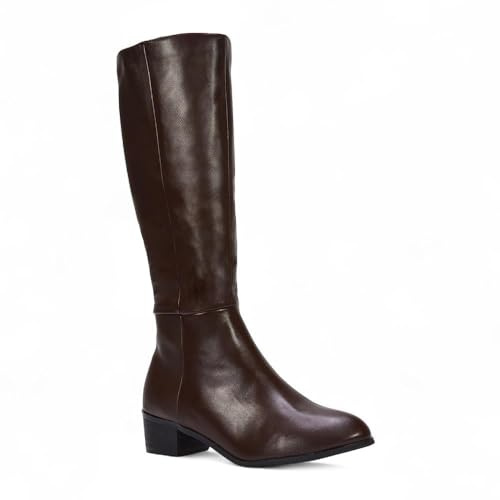 ESSEX GLAM Women's Knee High Boots Ladies Classic Block Low Heel Zip Western Synthetic Leather Calf Boots Size 3-8