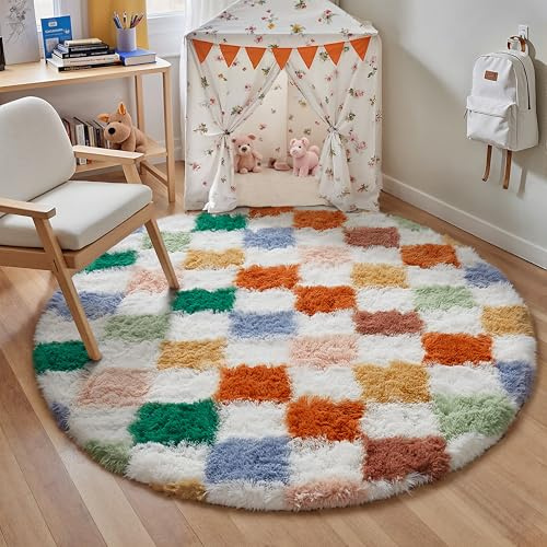 HUGEAR Kariert Flauschig Teppich Rund 150cm Multicolore Weiß Shaggy Carpet | Kariertes Shaggy Runder Teppiche,Flauschig,Weich,Rutschfest,Hochflorig,für Flur, Kinderzimmer,Schlafzimmer Rug
