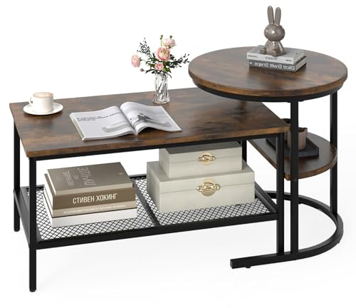 COSTWAY Nesting Coffee Tables Set of 2, Faux Marble Stacking Sofa Side End Table with Storage Shelf, 2-Tier Metal Frame Accent Center Tea Tables for Living Room Bedroom Office (Black+Rustic Brown)