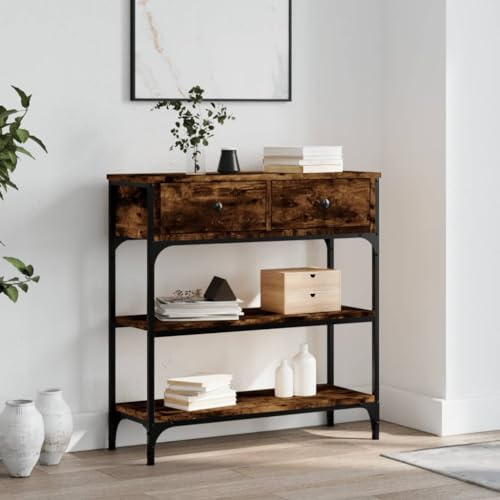 Mokuyary Table console en chêne fumé 72,5 x 25 x 75 cm Table basse étroite avec étagères et tiroirs Table d'appoint pour salon, chambre à coucher, entrée, couloir