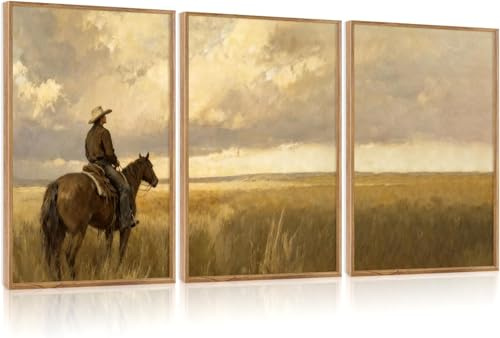 BINCUE 3 Stück westlicher Cowboy Wandkunst,Vintage Landschaft Bilder auf Leinwand,Südwestlicher ReitLandschaf Ranch bilder mit Rahmen Gobi Wüstenlandschaft,Modern Deko Wohnzimmer Schlafzimmer,30x40cm