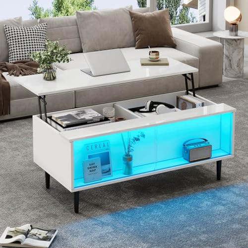 EURHCIO Table Basse Relevable 105x50x43cm,Table D'appoint avec Lampe LED Réglable,Plateau Relevable,Rangement Dissimulés,Vitrines en Verre,pour Bureaux Appartements (D-Blanc)