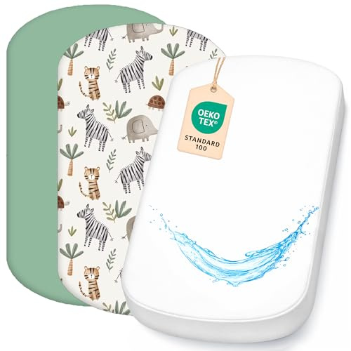 Lovely Hippo 2X Spannbettlaken Kinderwagen 100% Baumwolle + 1X Wasserdichter Matratzenschoner – 3er Set 40x80– Für Stubenwagen & Kinderwagen - Oeko-Tex (Savanne, 43 x 83 cm)