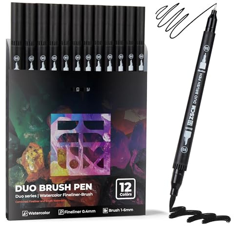 ZSCM Black Duo Tip Marker Pens, 12 Pack Fine & Brush Markers for Adult Colouring Books No Bleeding, Jet Black Markers for Outlining, Sketching, Japanese Manga, Calligraphy and Graphic Novels