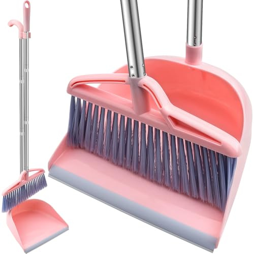 LHNNDM Long Handled Dustpan and Brush, Broom and Dustpan Set, High Capacity Sweeping Brush Set, Household Dust pan Combo for Indoor Outdoor Garden Home Room Kitchen Office Lobby (Nordic Pink)
