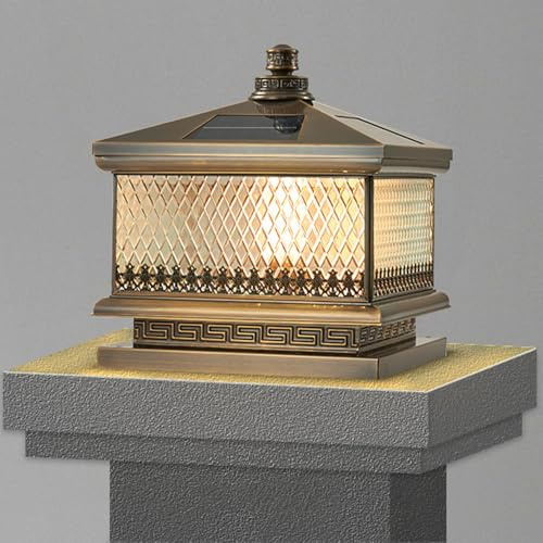 HCIPJQY Luminaires D'éclairage Public Paysager En Cuivre Bloc Lumineux Solaire En Treillis Lampe Solaire Pilier Étanche Et Antirouille Finition Bronze Lampe De Clôture À Allumage/extinction