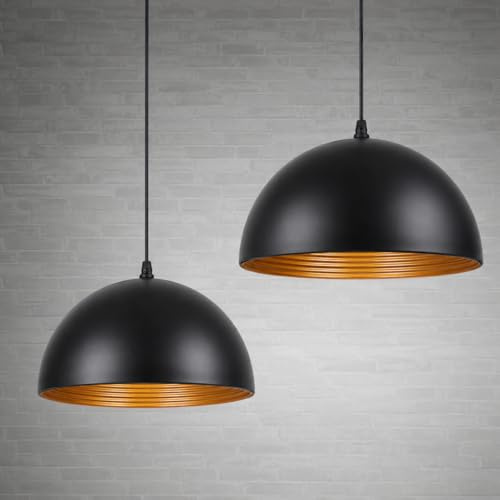 Pendelleuchte Schwarz Gold Ø40cm, Hängelampe Schwarz aus Metall mit E27 Fassung, Deckenlampe Schwarz Gold Vintage, Küchenlampe Lampe Hängend für Küche, Esszimmer, Wohnzimmer, Keller, Leuchtmittel nich