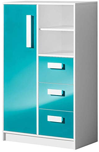 Furniture24 Kommode GULIVER 05 mit 3 Schubladen und 1 Tür Schrank Higboard Kinderkommode (Weiß/Türkis Hochglanz)