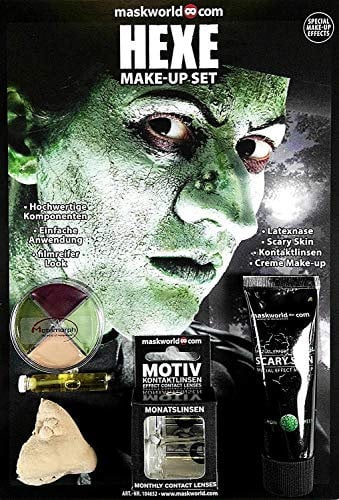 Hochwertiges Halloween Schminke Komplett-Set HEXE mit perfekt abgestimmten Komponenten - Make-Up - Hexennase - Scary Skin - Kontaktlinsen
