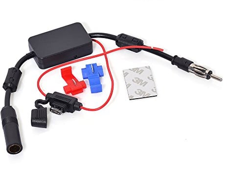 Bingfu Universal Car Stereo FM AM Radio Antenna Signal Amplifier Amp,12V Power Supply DIN Plug Connector Adapter for Vehicle Truck SUV Car Audio Radio Stereo Media Head Unit Receiver