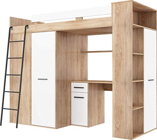 FurnitureByJDM Hochbett mit Schreibtisch, Kleiderschrank und Bücherregal - Loftbett für Kinder - Komplettes Möbelset 236x120x190 cm - 90x200 cm Bettgröße - Linke Leiter - VERANA - (Eiche Sonoma/Weiß)