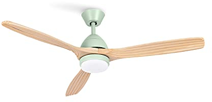 CREATE / WINDCUP/Ventilador techo con luz verde aspas madera natural con mando/Función verano-invierno, 3 temperaturas de luz, 6 velocidades, programable 1 a 4h, 2 alturas, 40W, Ø132 cm