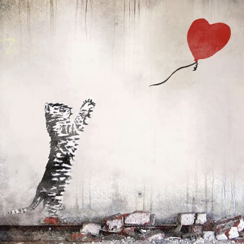 FF2269 Geburtstagskarte mit Katze und Ballon 2, Banksy-Stil, Graffiti-Illustration, innen unbeschriftet