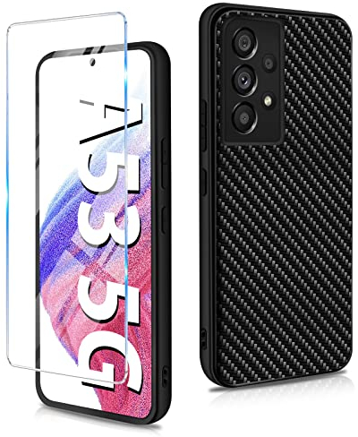 Kompatibel mit Samsung Galaxy A53 5G Hülle mit Schutzfolie, Ultra dünn PU+PC+TPU Carbon Fiber Textur Handyhülle Galaxy A53 Tasche Case Stoßfest Schutzhülle für Samsung Galaxy A53 Handy (Schwarz)