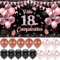 Decoración para Cumpleaños 18 en Español - Pancarta Feliz Cumpleaños, Photocall, Fondo Cartel con Globos - Negro y Rosa - Happy Birthday